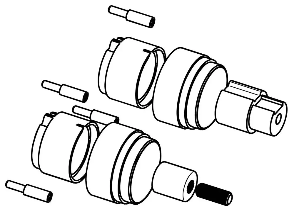 Illustration eines Verlängerungssatzes von HANSA, bestehend aus mehreren ineinandergreifenden Komponenten und kleinen Verbindungsstücken.